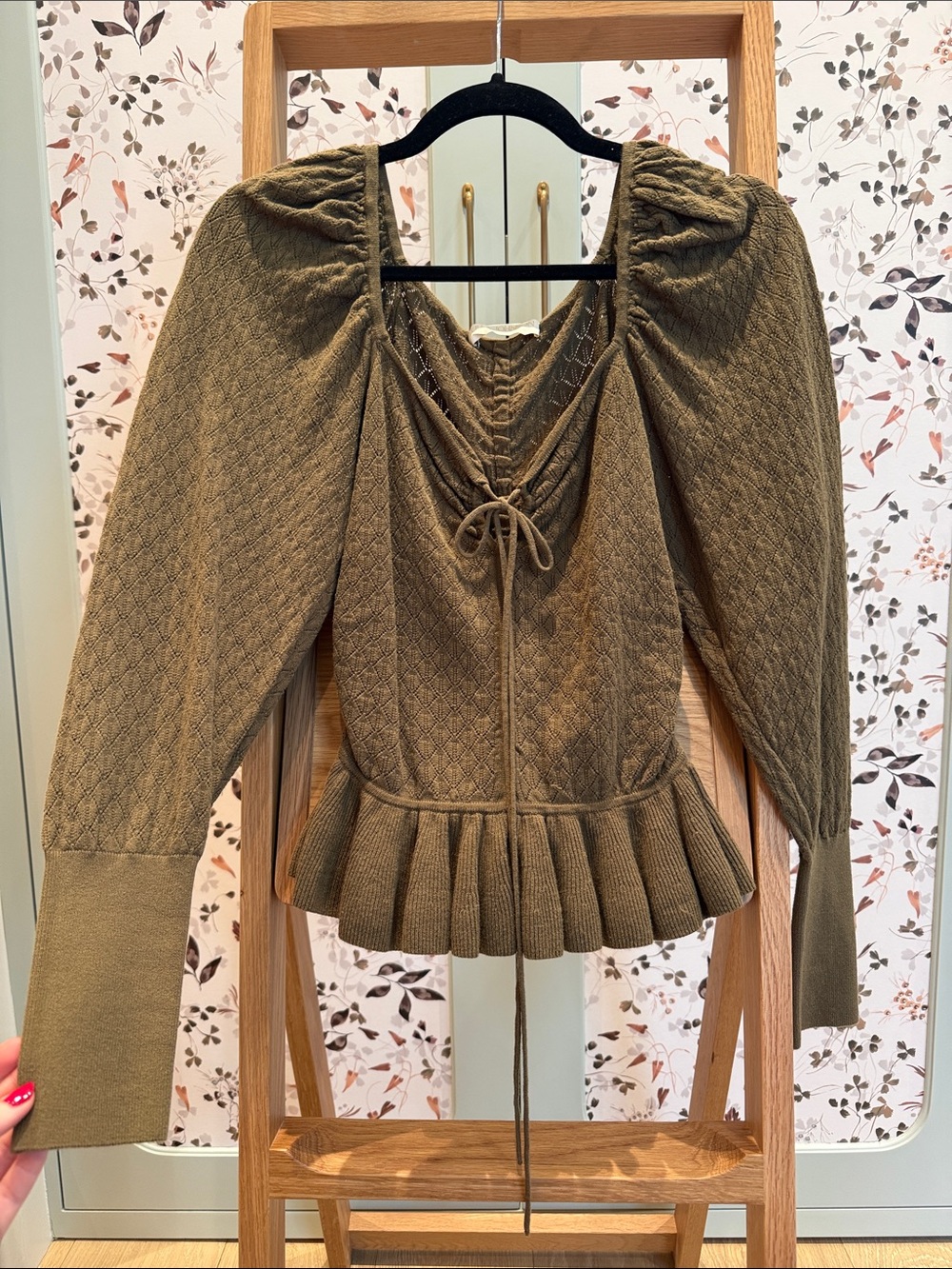 Ulla Johnson Olive Green Knit Peplum Blouse with Tie Neck